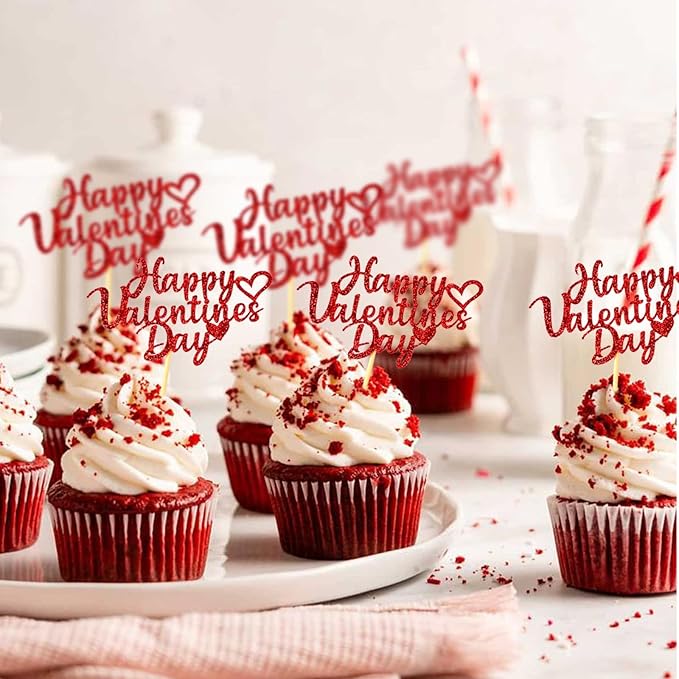 24pcs Happy Valentine's Day Cupcake Toppers with Red Heart Glitter Sweet Love Valentines Cupcake Picks for Engagement Anniversary Valentine's Day Theme Birthday Party Cake Decorations