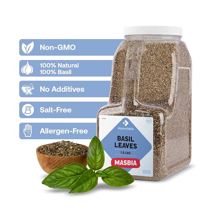 Dependable Food Basil Leaves -1.5 Lb. Jar- Bulk, Kosher, Dried Basil Seasoning for Pasta Sauces, Pesto, Salads, Garnishes & More - Natural, Non-GMO Thai Basil Spice