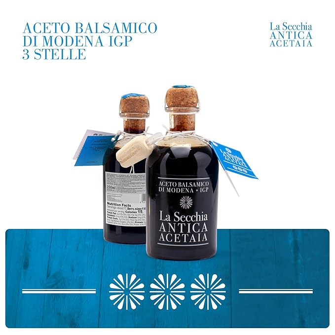 La Secchia Balsamic Vinegar of Modena PGI "Three Stars", Aged in 12 Cherry-Mulberry Barrels, Medium Density, 250 ml Bottle with Cork Pourer