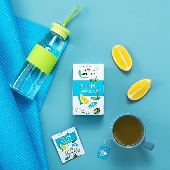 Ahmad Tea Green Tea, Lemon, Mate, & Matcha 'Slim' Natural Benefits Teabags, 20 ct (Pack of 1) - Caffeinated & Sugar-Free