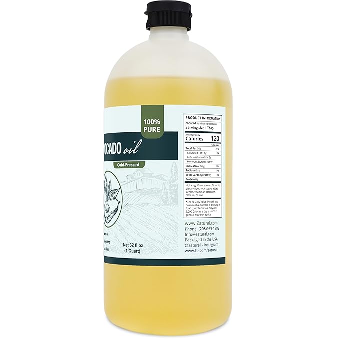 Zatural 100% Avocado Oil Pure Natural without Additives, Clean, Cold Pressed, Non-GMO, Vegan: For Cooking, Frying, Baking and for Sauces, Dressings, Marinades, Salads (32 Ounce)
