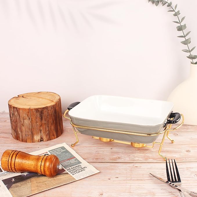 Ceramic Casserole Dish 1.3 Quart Bakeware with rack, 9 x 6 Lasagna Pan, Buffet, hot pot, Catering Casserole for party, Bakeware With Handle, Microwave, Dishwasher, Oven Safe (Gray with rack)