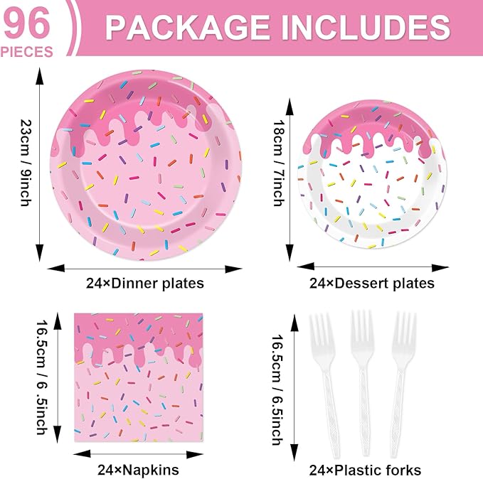 96Pcs Pink Donut Confetti Party Plates and Napkins Themed Decorations Summer Pink Donut Dessert Plates Donuts Tableware Set for 24 Guests Grow Up Themed Baby Shower Party Favors Supplies