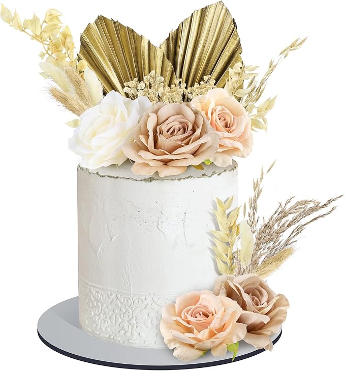 Tallew 28 Pcs Boho Cake Topper Decorations Vintage Artificial Rose Flowers Palm Leaves for Cake Decorating Kit Dried Faux Flower Decor for Bohemian Wedding Baby Shower Birthday Party Supplies