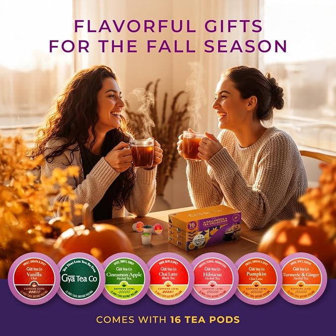 Gya Tea Co Halloween Tea Gift Set (16 Count) - Assorted Tea Pod Variety Pack Sampler With Fall Autumn Flavors - Single Serve Pods for Brewing Machines, Enjoy Hot Or Iced (Pack of 1)