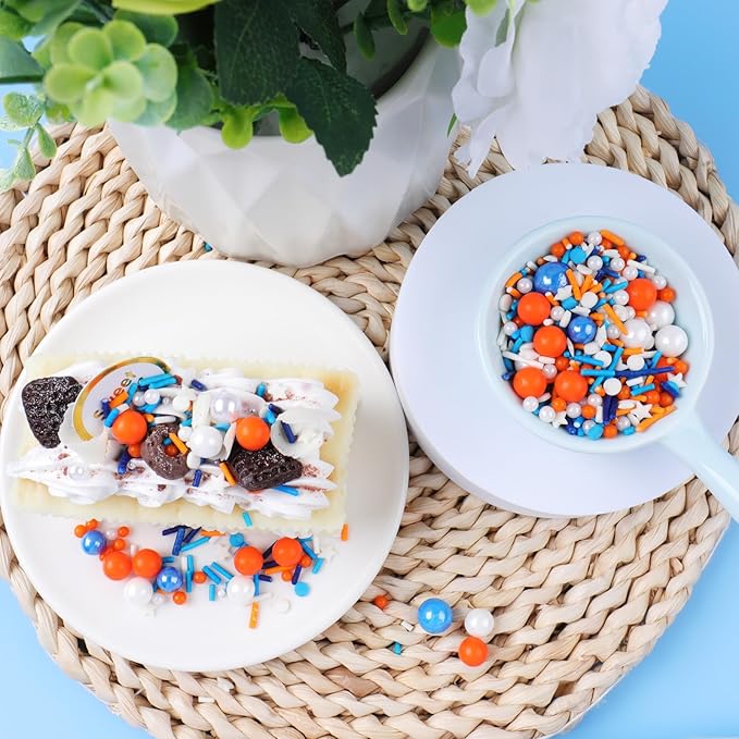 Orange and Blue Sprinkles for Cake Decorating, Edible Pearl and Jimmies Mix, Perfect for Cake Decorations, Baking, Ice Cream, Cookies, Cupcake Toppers