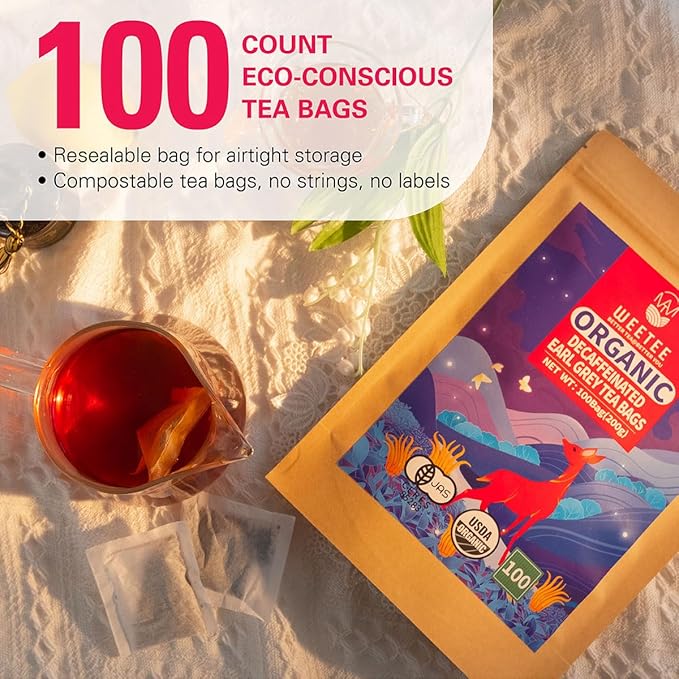 WT WEETEE Organic Decaf Earl Grey Tea Bags, Decaffeinated Black Tea with Flavor of Bergamot Orange, Smooth & Refreshing, 100 Count