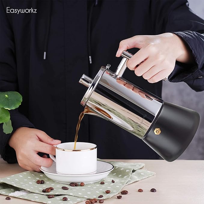 Easyworkz Diego Stovetop Espresso Maker Stainless Steel Italian Coffee Machine Maker 6Cup 10 oz Moka Pot Induction Espresso Pot