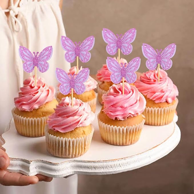 24PCS Butterfly Cupcake Toppers 3D Double Layers Hollow Cupcake Picks Baby Shower Cake Decorations Supplies for Butterfly Theme Wedding Anniversary Baby Shower Party Purple