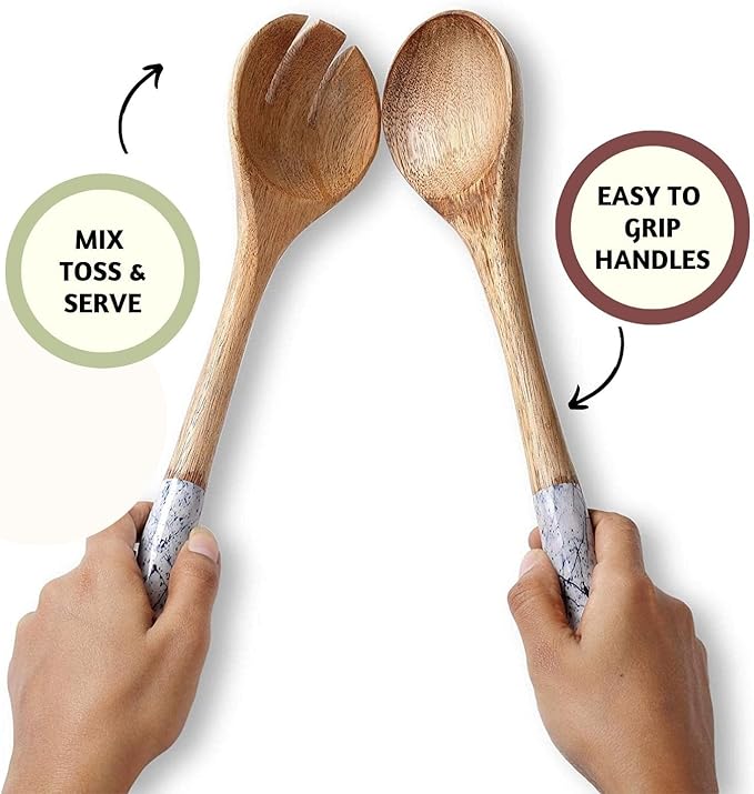 Folkulture Salad Servers or Salad Tongs, Wooden Utensils for Serving Salad, 12-inch Spoon and Fork Set, Mango Wood, Blue Servers