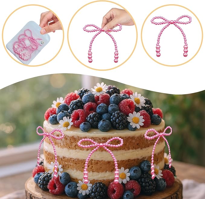 6 Pcs Pearl Bow Cake Decoration, Imitation 4.3" ??3.9"Pearl Bow Cupcake Toppers Coquette Party Bouquets Decor for Wedding Bridal Shower Birthday Decoration Supplies (Pink)