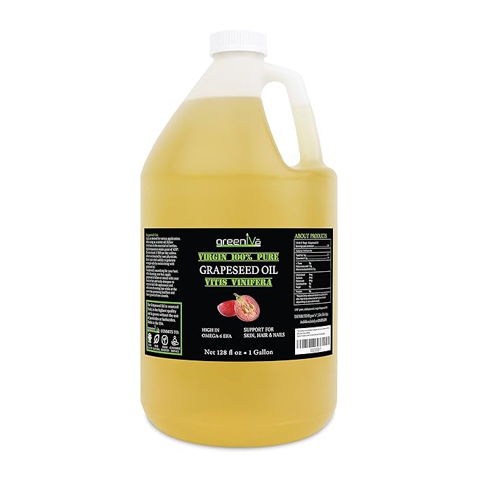 GreenIVe Grapeseed Oil Organically Grown 100% Pure Cold Pressed Light Flavor High Tempurature Cooking (128 Fl Oz (Gallon))