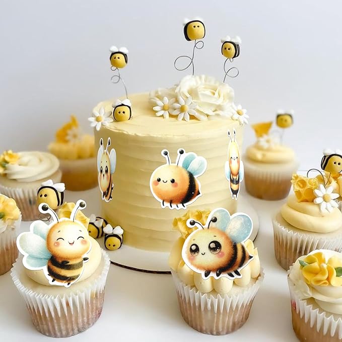 60 Pack Edible Bumble Bee Gender Reveal Cake Topper Oh Babee Cupcake Picks Water Paper Bee Cake Decorations for Bumble Boy or Girl Baby Shower Kids Birthday Party Supplies
