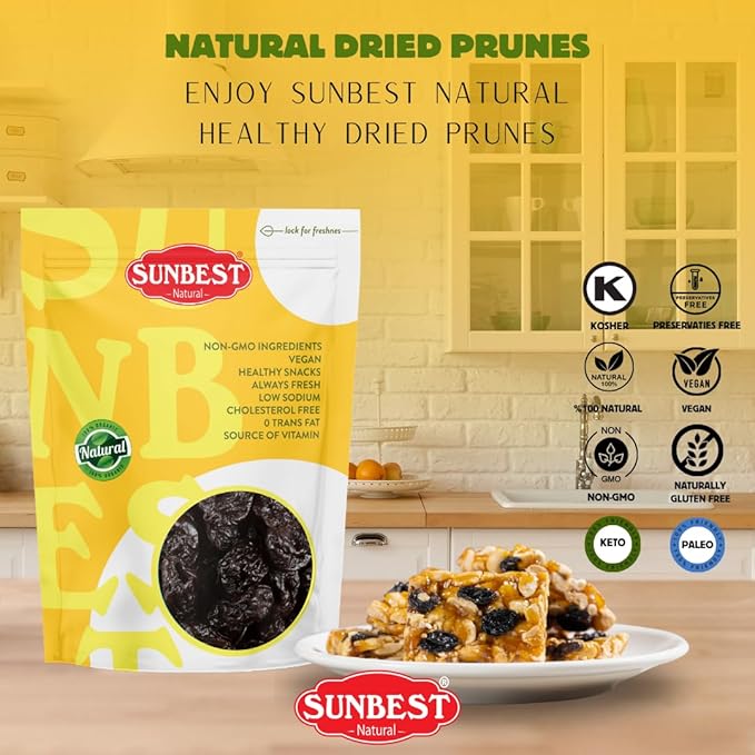Sunbest Natural Jumbo Pitted Prunes – 5 lb Bulk Bag (80 oz) – Tender, Juicy & Nutrient-Rich Dried Prunes – High in Fiber & Antioxidants – Kosher Certified Dried Plums for Snacking & Cooking