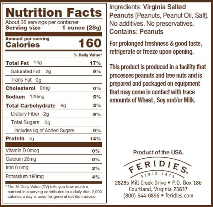 FERIDIES Extra Large Gourmet Virginia Salted Peanuts, Cooked in Pure Peanut Oil, No Preservatives, Non-Gmo, Kosher Certified - 36 Oz Tin