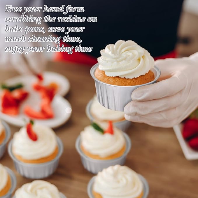 Gejoy 400 Pcs Aluminum Foil Baking Cups with Lids 5 oz Disposable Ramekins Mini Cake Pans Creme Brulee Cupcake Liners Muffin Tins Flan Mold Dessert Container for Wedding(Silver,Classic)