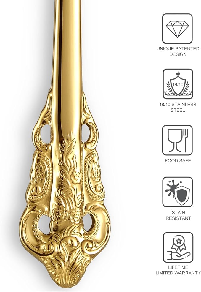 KEAWELL Gorgeous Round Soup Spoon, Set of 4, 18/10 Stainless Steel, Luxury Bouillon Spoon, Dishwasher Safe, Fine Mirror Polished (Gold)