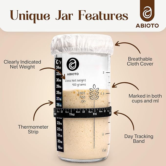 Sourdough Jar Kit, Includes 24 oz Sourdough Starter Jar with Metallic Lid, Silicone Spatula, Feeding Tracker, Extra Thermometer Strips & Breathable Covers ??Sourdough Bread Starter Kit