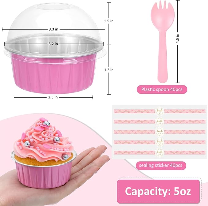 Mini Cake Pans with Lids and Spoons (40 Pack,Pink,5oz) Round Disposable Ramekins - Sturdy Aluminum Foil Cupcake Liners with Lids for Dessert and Party