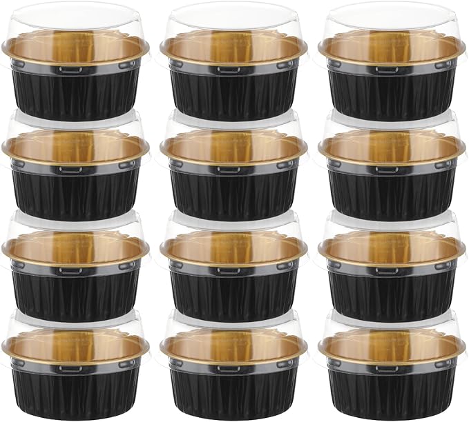 200Pack Mini Cake Pans with Lids Baking Cups with Spoons (Black&Gold)