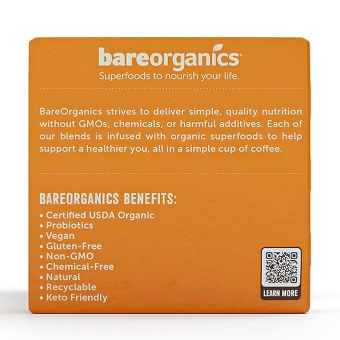 BareOrganics 13180 Focus Coffee with Superfoods, Organic Probiotic Coffee, 10 Single Serve Cups