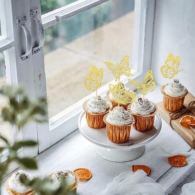 Rsstarxi 24 Pack Butterfly Cupcake Toppers Gold Glitter Assembled Butterfly Baby Shower Cupcake Picks for Wedding Engagement Bridal Shower Kids Birthday Party Cake Decorations Supplies