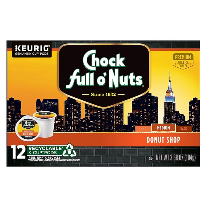 Chock Full o'Nuts Donut Shop Coffee, Compatible with K-Cup Pods, 12 CT (Pack of 3)