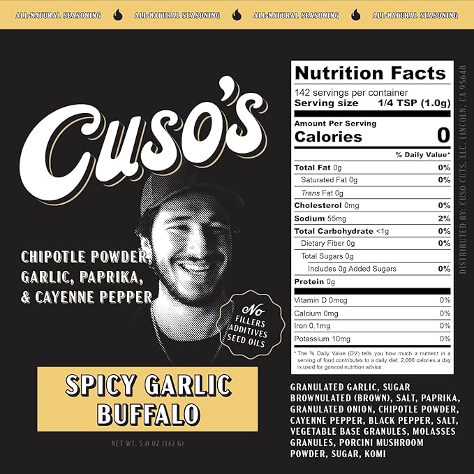 Cuso Cuts Spicy Garlic Buffalo BBQ Rub - Garlic Seasoning - Chicken Wing Seasoning, Spices for Grill, Marinade & Smoking - 1 Count BBQ Rub - 5 oz bottle