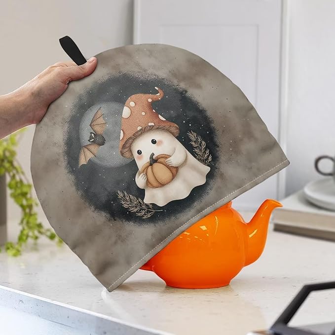 Halloween Cute Ghost Bat Print Tea Cozy for Teapot,Tea Cosy with Handle Hanging Teapot Dust Novelty Kitchen Kettle Dust Cover Tea Pot Cover for Home Decoration