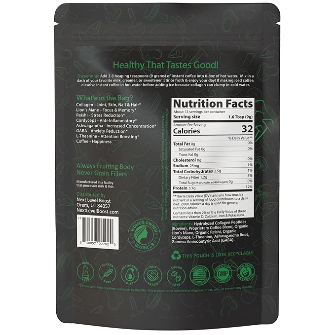 Destress Boost Organic Mushroom Instant Coffee - 135g, 15 Servings Pouch - Healthy Coffee alternative and Substitute - With Gaba, Collagen, Lions Mane and Antioxidants