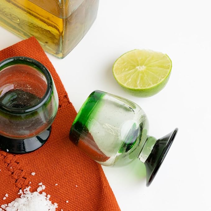 Authentic Mexican Tequila Hand Blown Shot Glasses - Set of 4-2 oz - Mini Glass Snifters - Heavy Base - Cognac (Green Rim)