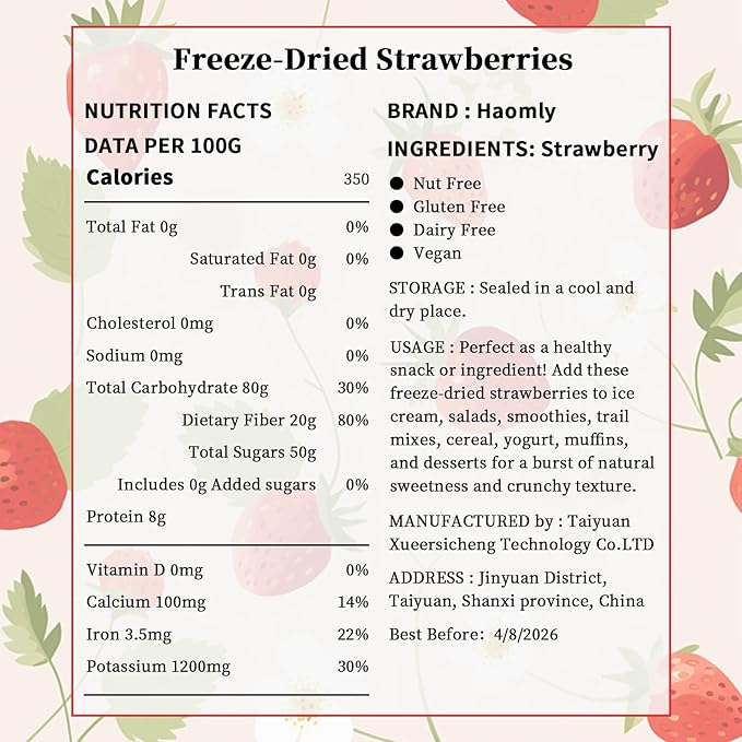 Haomly Freeze Dried Strawberries, 8.8oz/250g, 100% Natural Strawberry Chips,Dried Strawberries Bulk for Baking, Cooking, Flavorful,No Additives, No Sugar Added