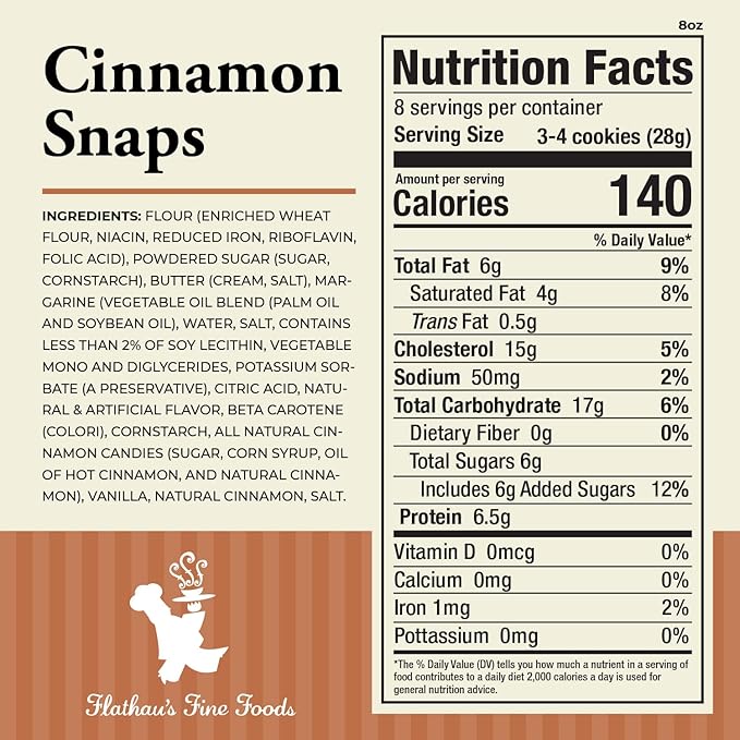 Flathau?셲 Fine Foods, Gourmet Shortbread Cookies, Handcrafted All Natural Artisan Bites, Southern-Baked Sweet Snaps with a Buttery Finish (Cinnamon Snaps, 8oz)