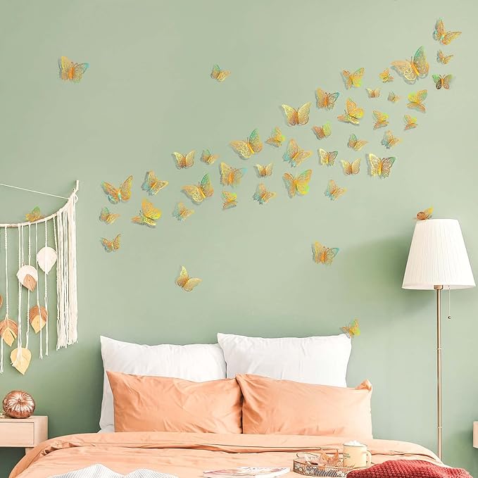 72 Pcs Butterfly Decorations, 3 Sizes 3 Styles, Butterfly Wall Decor, Butterfly Party Decorations, Birthday Decorations, Butterflies for Crafts, Cake Decorating, Wall Stickers Room Decor(Rainbow Gold)