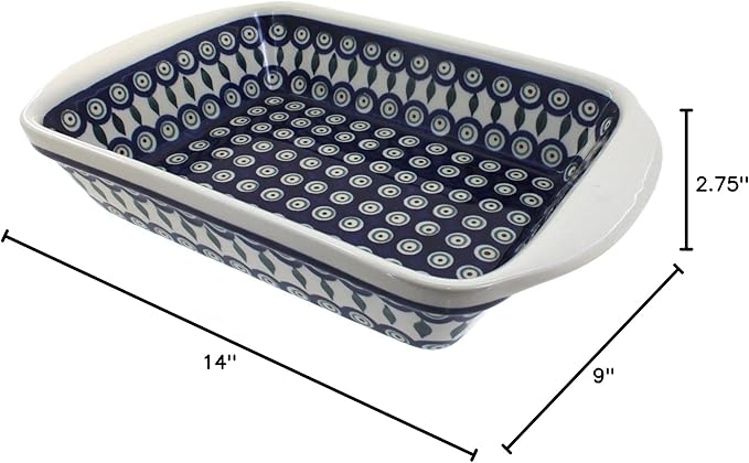 Blue Rose Polish Pottery - Blue Peacock Large Rectangular Baker with Handles - 9" x 6.5" - Unique, Dishwasher Safe, & Durable Bakeware