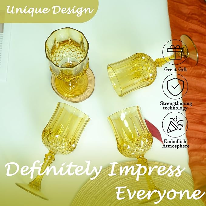 Plastic Wine Glasses,Plastic Goblets Vintage Style Cordial Drinking Glasses for Wedding Reception, Grand Event Party Supplies (24, Gold)