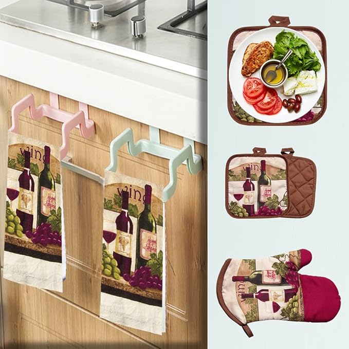 Lobyn Value Packs - Wine Lover?셲 Kitchen Set: 5 Pieces with Grape & Wine Bottle Motif, includes 2 Artistic Dish Towels, Oven Mitt, and 2 Quilted Potholders