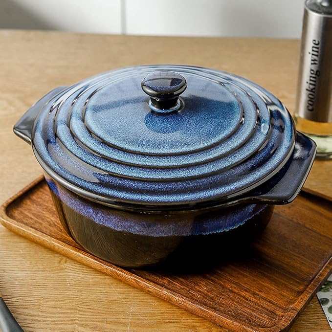 KOOV Ceramic Casserole Dish with Lid Oven Safe, 2 Quart Casserole Dishes, Covered Round Casseroles Dish Set, 9 inch Baking dish With Lid for Dinner, Deep Casseroles Cookware Set, Reactive Glaze