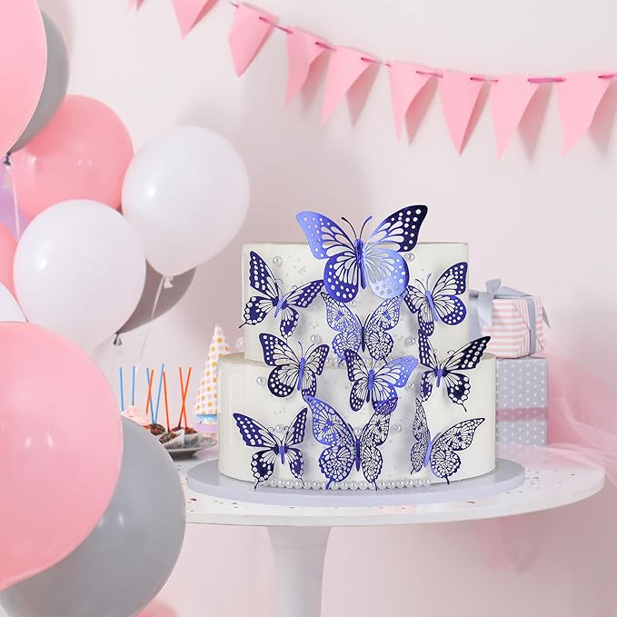 Gyufise 36 Pack Blue 3D Butterfly Cupcake Toppers Hollow Butterfly Cake Decorations for Birthday Wedding Fairy Party Butterfly Wall Sticker Decal for Background Wall Decoration