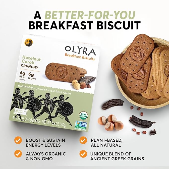Olyra Organic Breakfast Biscuits - Hazelnut Carob - Healthy Snacks for Adults - Office Snacks - Healthy Cookies - High Fiber Snack - Natural Energy Breakfast Biscuit - 24 Packs