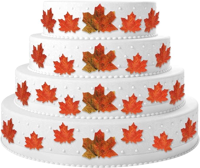 SUSSURRO 100 Pieces Edible Fall Leaves Gold Leaf Cupcake Toppers maple leaves Cake Toppers Edible gold leaf Cake Topper for Party Decoration with Plastic Box