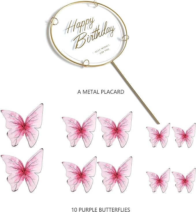 11-Piece Red Butterfly Cake Toppers Set: 1 Gold Metal Frame Happy Birthday Cake Topper & 10 Butterfly Cake Toppers (1.5-4 inches)