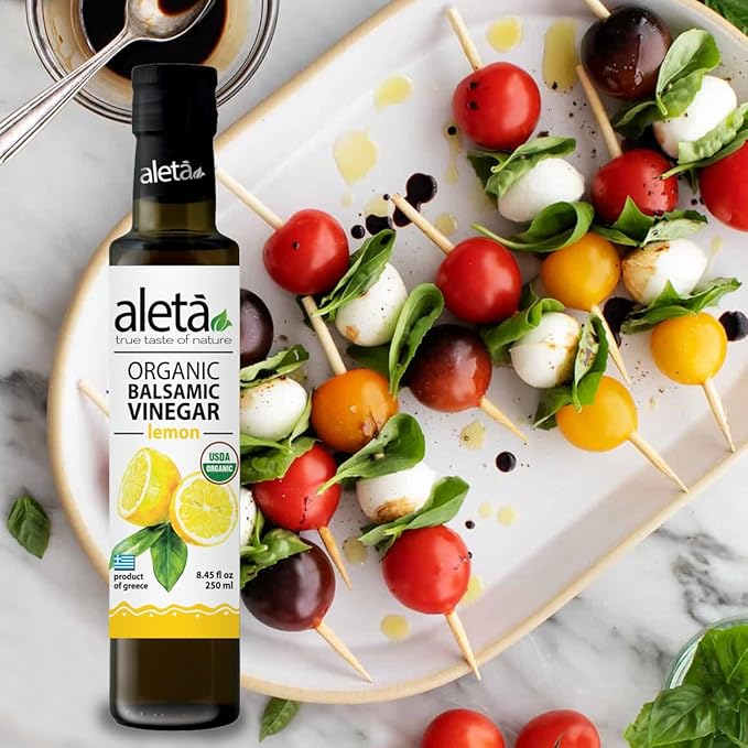 Aleta Farms Balsamic Vinegar, Premium Quality Lemon Infused Balsamic Glaze, USDA Organic, Perfect for Salad Dressings, Pasta, Desserts & Finishing Touches, Made in Greece, 8.45 fl oz (Lemon)