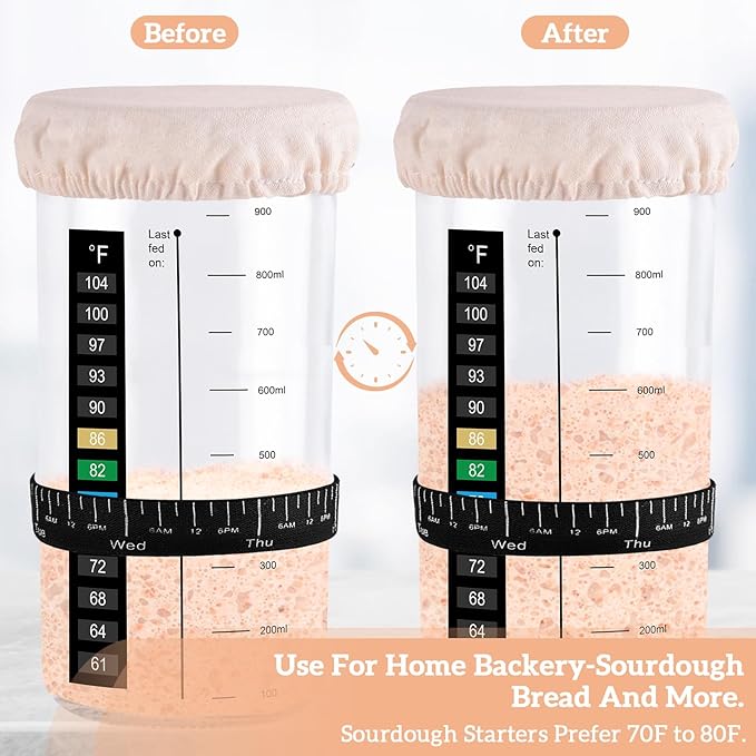 Sourdough Starter Jar, 2 Pack 35 oz Sourdough Starter Kit with Thermometer, Feeding Date Band, Scraper, Cloth Cover, and Metal Lid. Sourdough Baking (Orange)