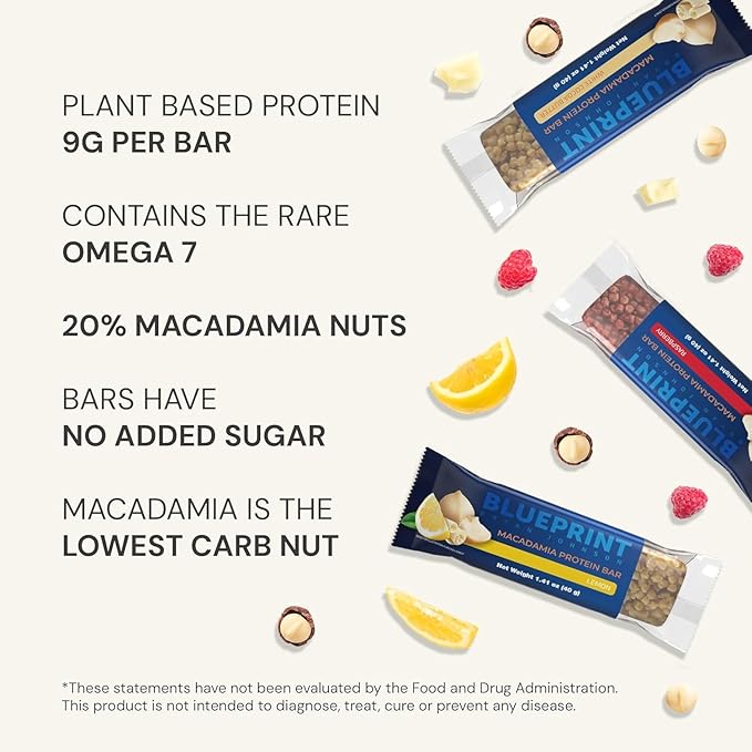 Blueprint by Bryan Johnson Macadamia Nut Protein Bars ??Variety Pack Protein Bars - Lemon, White Cocoa & Raspberry ??Vegan, Low Sugar, Keto-Friendly Snacks ??Non-GMO, Raw Nut Bar??9g Protein ??12 Pack