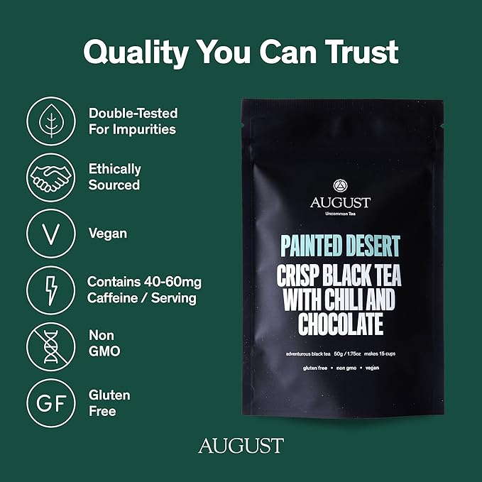 August Uncommon Painted Desert Black Tea ??Spicy and Rich Blend with Notes of Mexican Chili, Cinnamon, and Dark Cocoa ??Loose Leaf Tea Caffeinated for Daily Enjoyment in a Resealable Pouch (1.75oz)