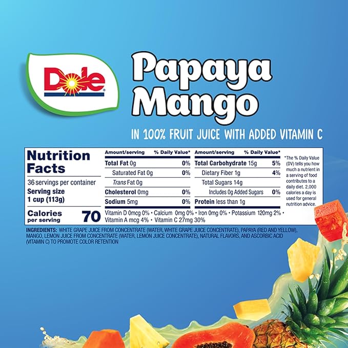 Dole Papaya Mango In 100% Fruit Juice Snacks, 4oz 36 Total Cups, Gluten & Dairy Free, Bulk Lunch Snacks for Kids & Adults