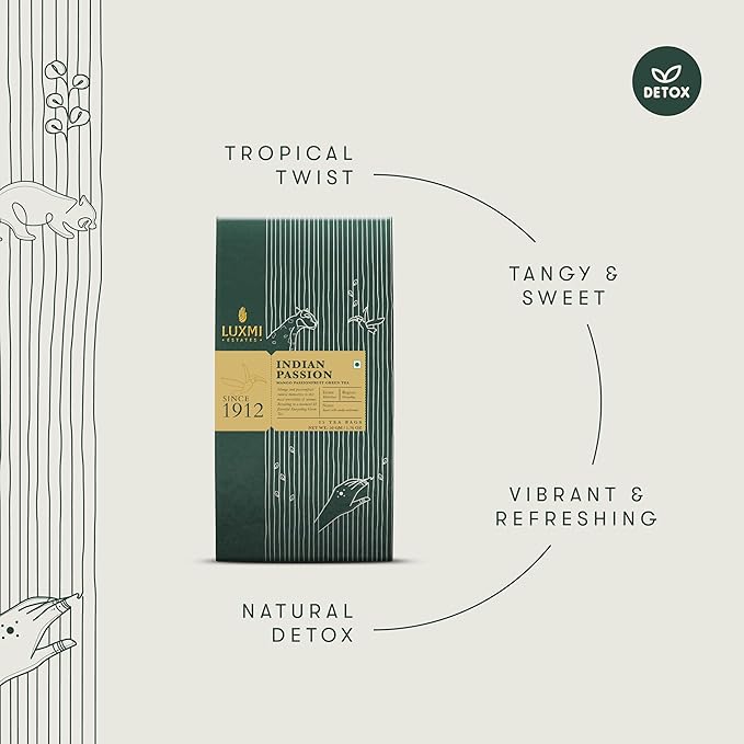 Luxmi Estates Indian Passion Organic Mango Passion Fruit Green Tea (25 Tea Bags) Mildly Caffeinated Tea Bags For Detox, Cleansing, and Digestion, With Certified Organic Darjeeling Makaibari Green Tea