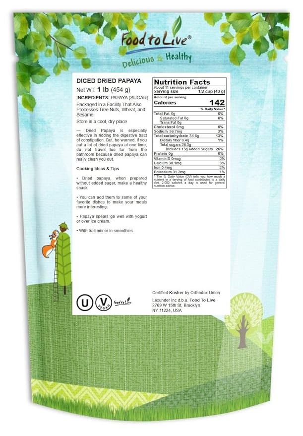 Food to Live Dried Diced Papaya, 1 Pound Kosher, Vegan, Sweetened, Unsulfured, Bulk