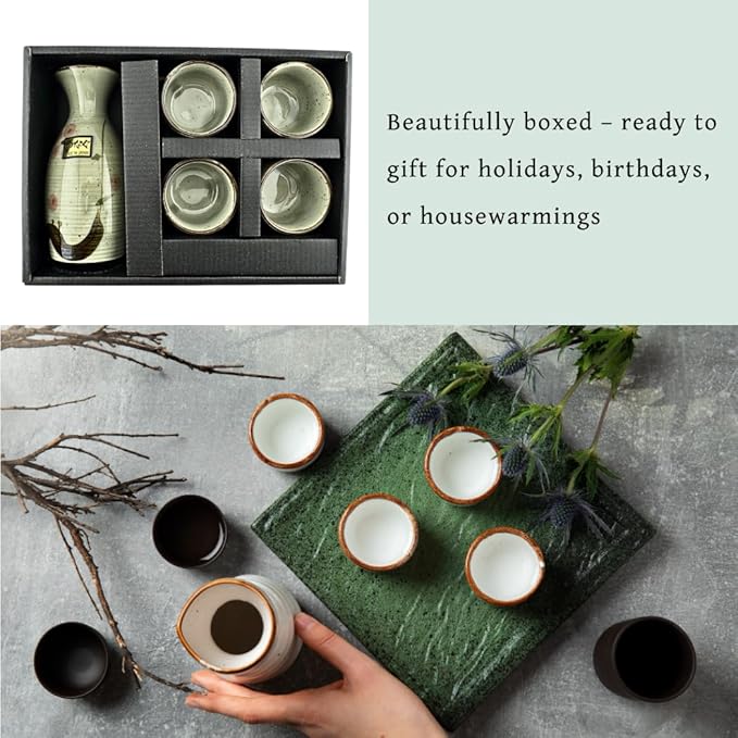 JapanBargain 3327, Japanese Plum Porcelain Sake Set Sake Carafe Bottle Sake Cups for Serving Hot Sake and Cold Sake, Made in Japan, Green, 5 oz
